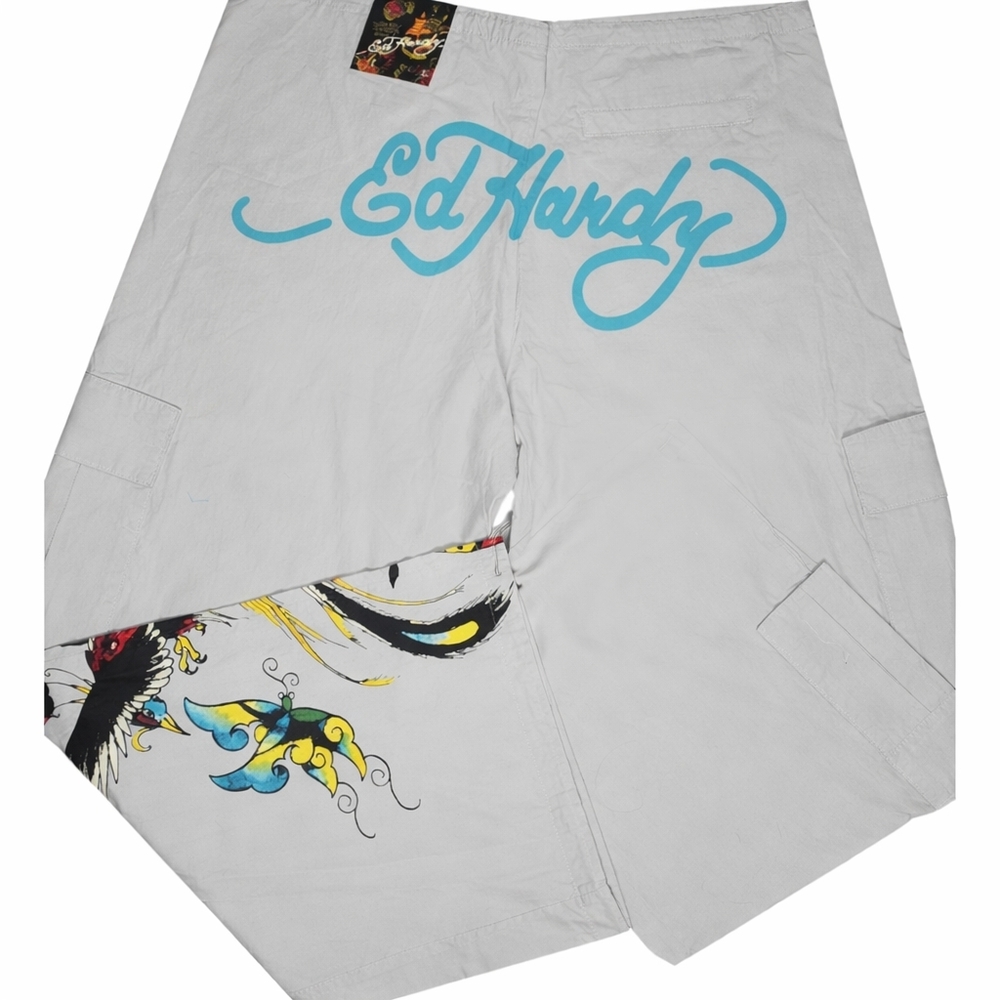 Ed Hardy Unisex Light Grey Cargo Pants- Multicolor Side Tattoo Graphics NWT-L - Picture 9 of 14
